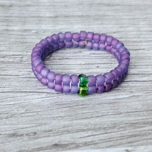 Handcrafted Purple Seed Bead Ring with Green Accent